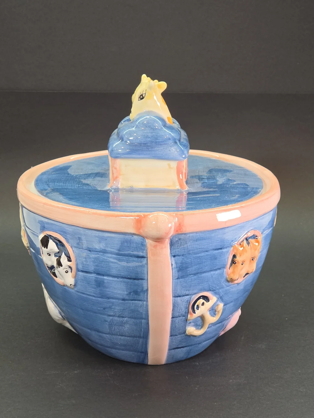 Noah's Ark Ceramic Cookie Jar EDI Sausalito Vintage VHTF RARE Blue Flat Lid